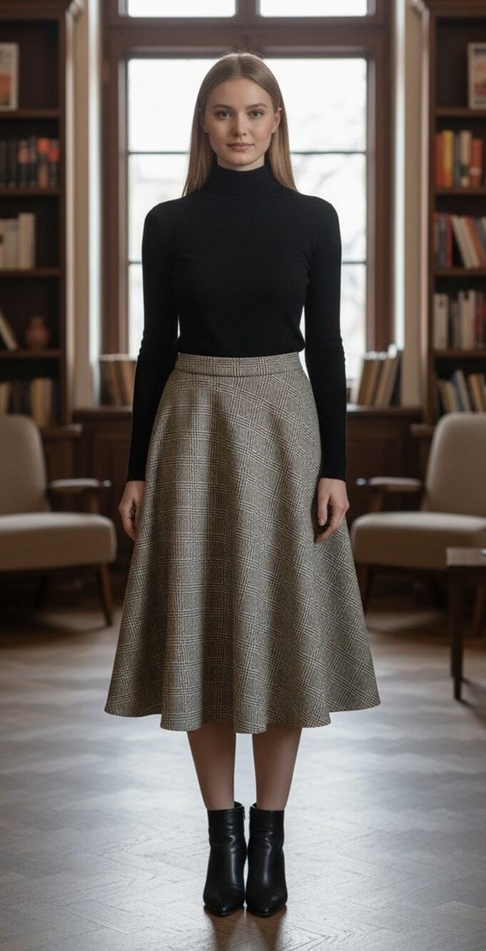 Vintage 70s Size 12 Plaid Brown 100% Pure New Wool A Line Midi Skirt Made In UK